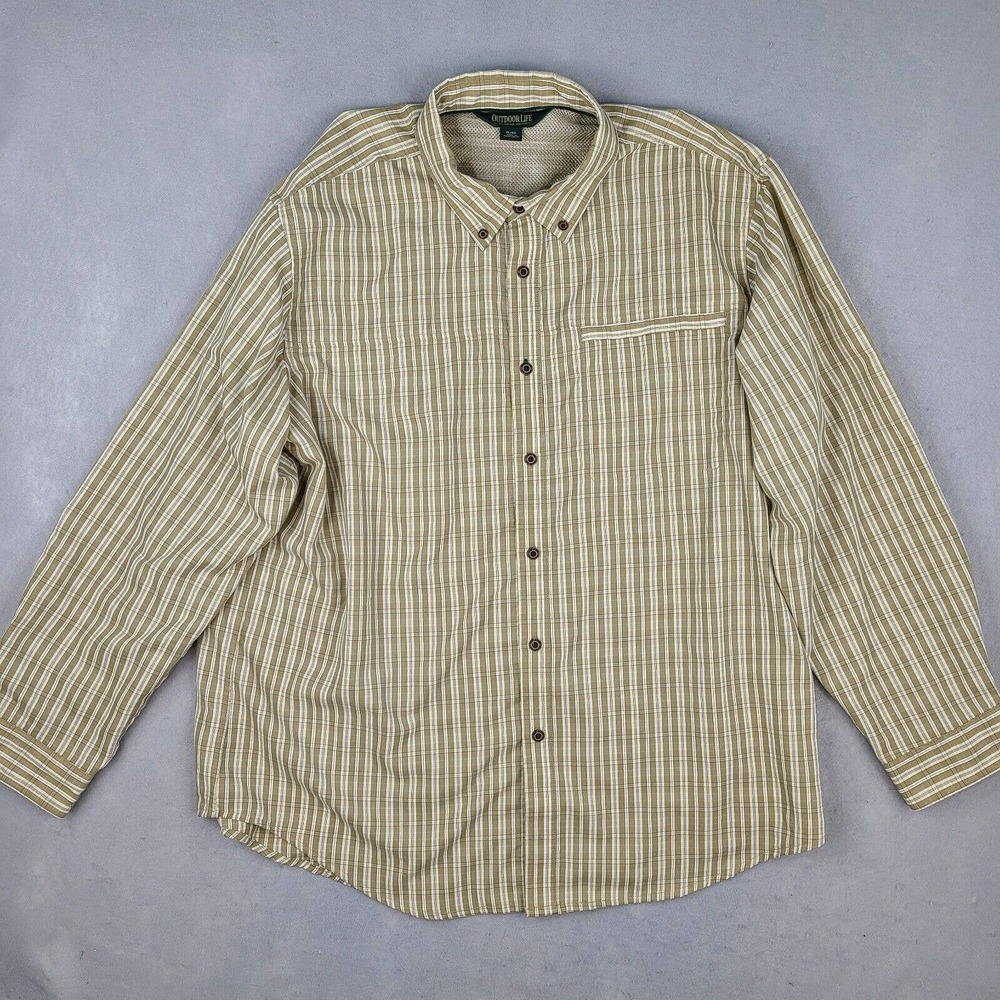 Outdoor Life Shirt Men's XL Brown Beige Plaid Button Down Long Sleeve
